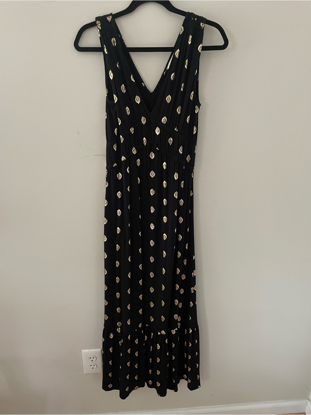 Boden Black Maxi Dress with Gold Foil Motif Size 2